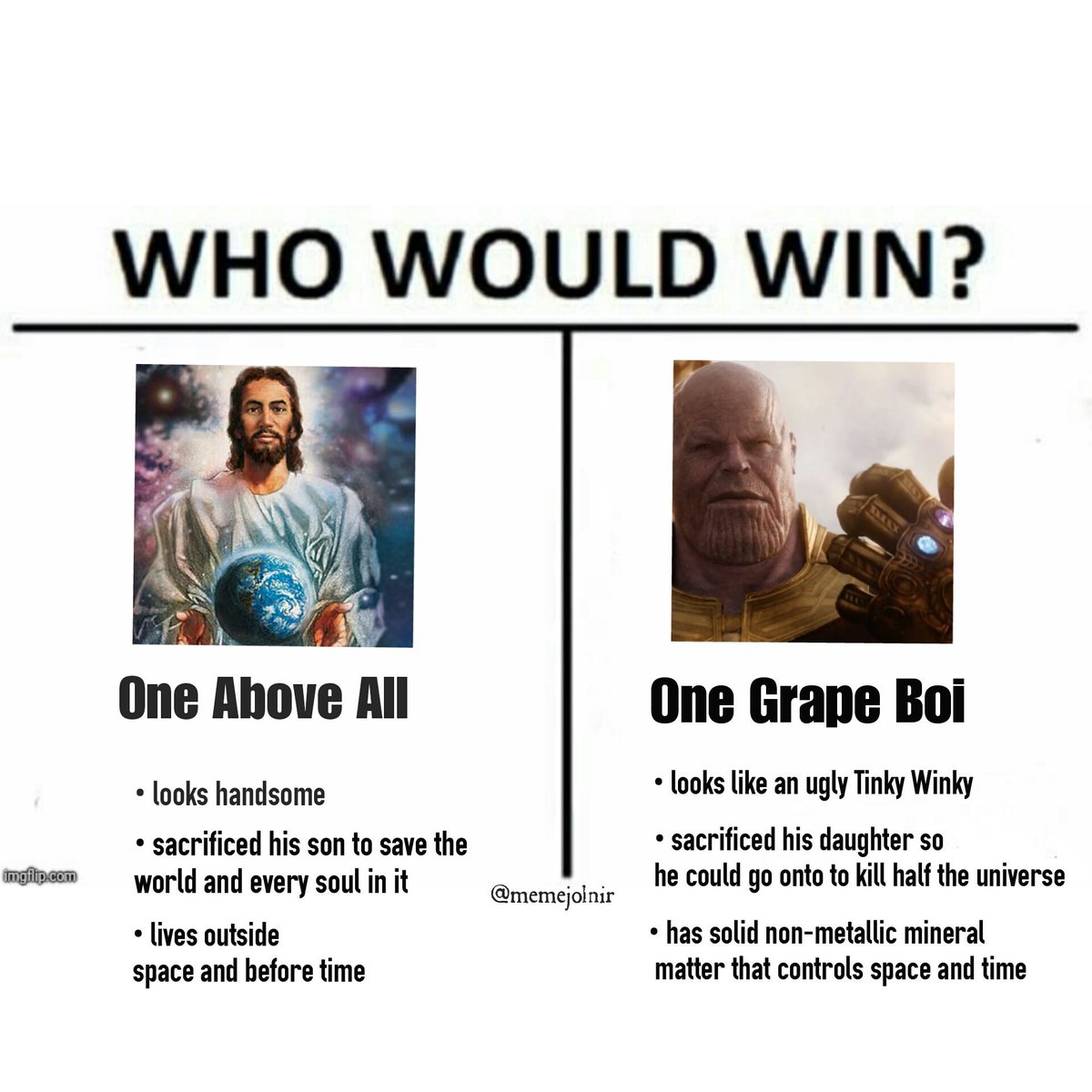 memejolnir's tweet photo. Quote and reply with who would win https://t.co/S2c4W1pwyG