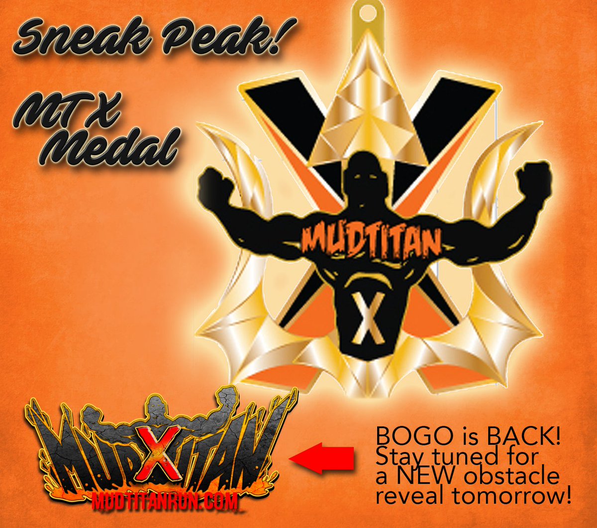 TITANS! 👀 here's a sneak peak of your MTX medal!🥇🥇
#MedalMonday
..and...
BOGO is BACK!
Stay tuned for 
a NEW obstacle
reveal tomorrow!
Register here: itsallgoodeventsllc.redpodium.com/mud-titan-10

5K MudRun course | 30+ obstacles