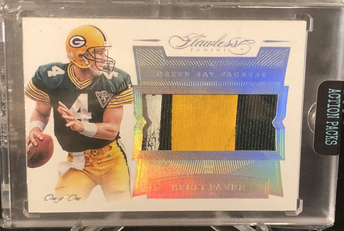actionboxbreaks's tweet image. Another sweet hit floating in one of this weeks remaining 7 boxes of Action Packs: @BrettFavre @PaniniAmerica #Flawless #OneofOne 1/1 Game-Used!! Where are my #Packers #collectors at?! #BoomMonsters JOIN our FB group ACTION PACKS for your chance to #GetInOnIt!