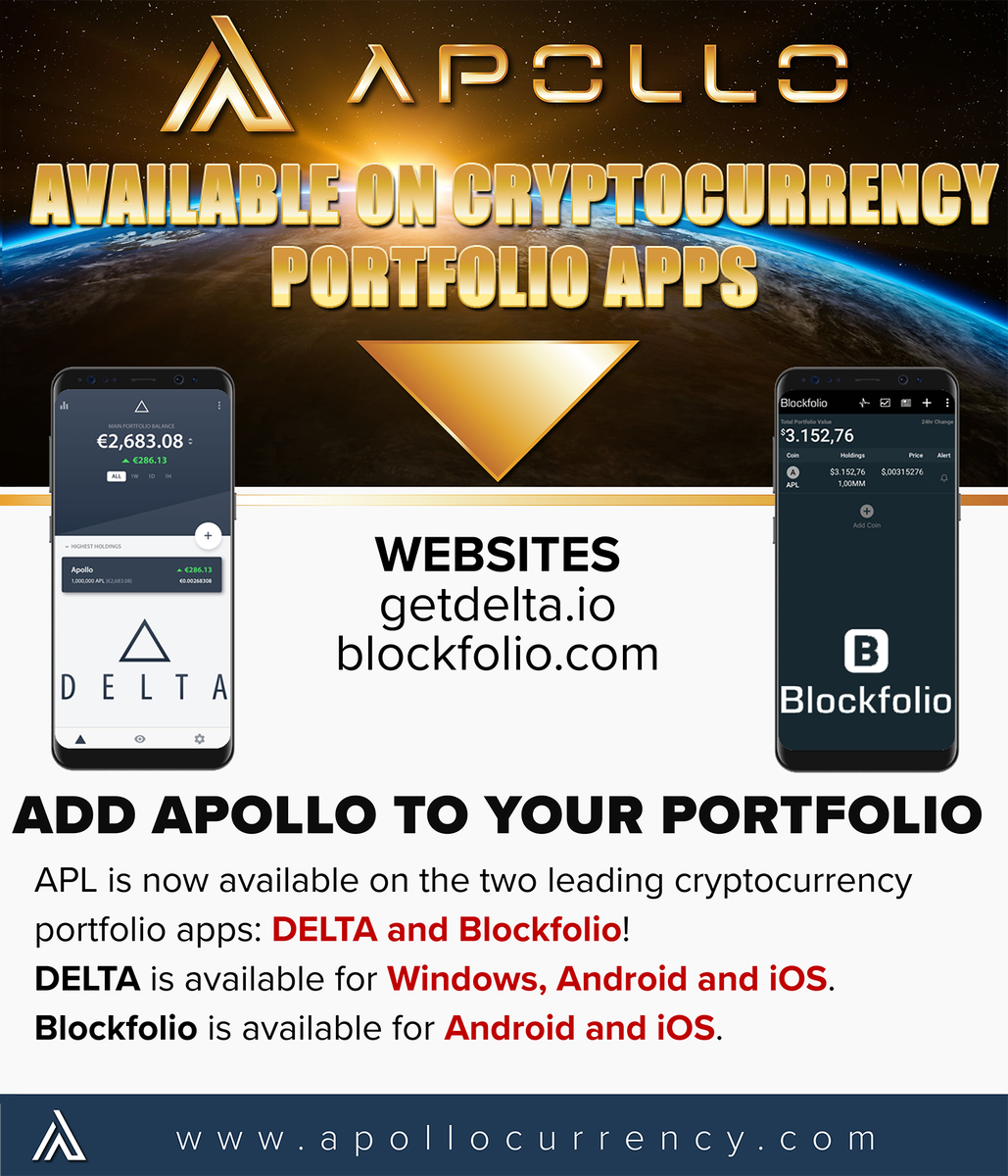 ApolloCurrency's tweet photo. Add Apollo to your portfolio on Delta and Blockfolio! https://t.co/YtRFU9Uf3j