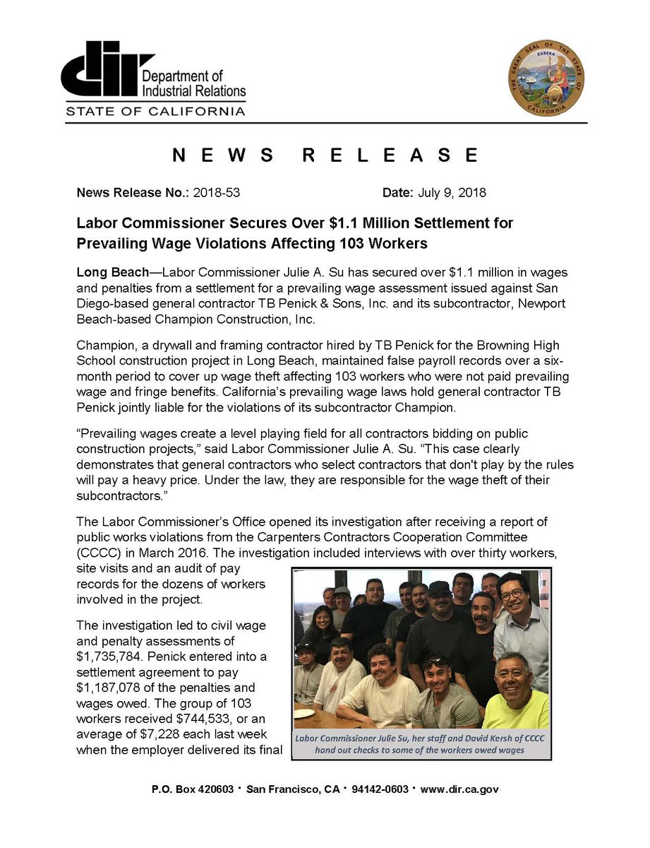 ResponsibleSJ's tweet photo. Wage theft is a crime!  And it happens more frequently than people know.  This is why PLAs and compliance work are important!

"Labor  Commissioner Julie Su secured over $1.1 million in wages and penalties from a settlement for a prevailing wage assessment" w/ two companies. https://t.co/O5k5tl3Zfh