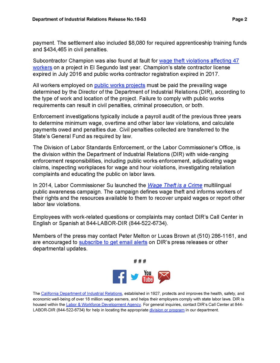 Wage theft is a crime!  And it happens more frequently than people know.  This is why PLAs and compliance work are important!

"Labor  Commissioner Julie Su secured over $1.1 million in wages and penalties from a settlement for a prevailing wage assessment" w/ two companies.