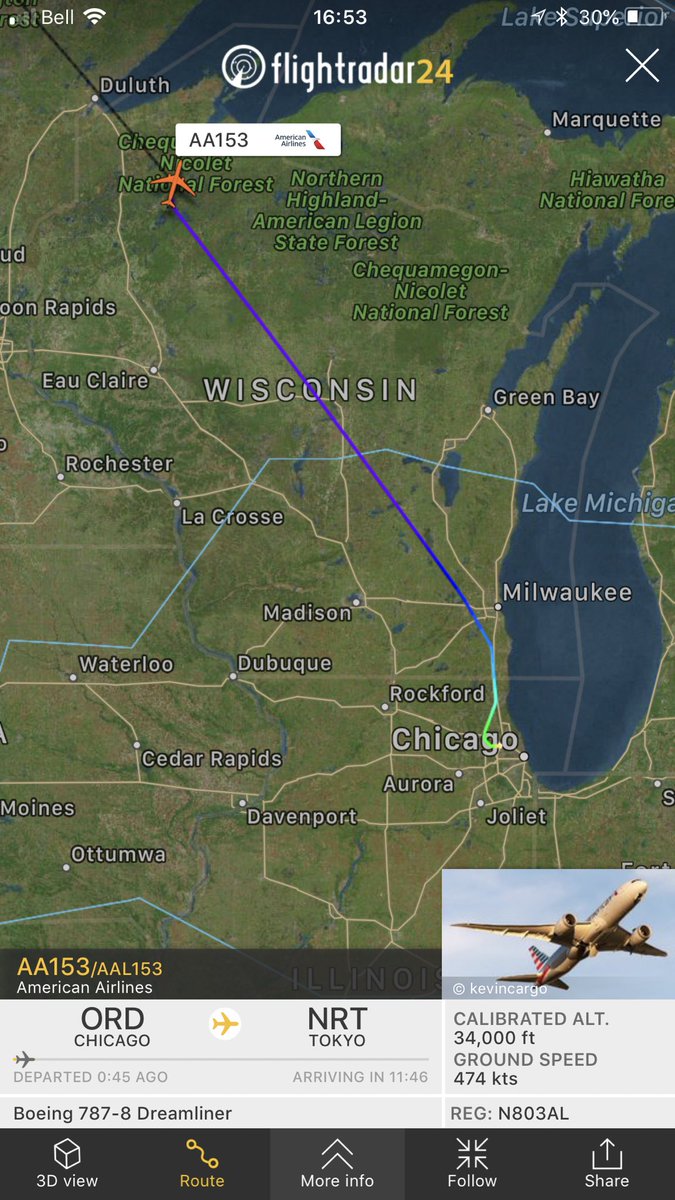 TomPodolec's tweet photo. DIVERSION
American Airlines #AA153 to Tokyo returning to Chicago with a windshield issue.
N803AL Boeing 787-8 Dreamliner
https://t.co/otX0S9fASx https://t.co/bfBKTXfgxM