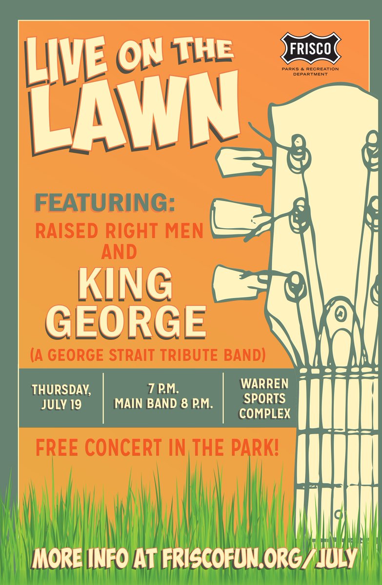 PlayFrisco's tweet photo. Join us for a free concert in the park on July 19! @RRMdTX and King George - A George Strait tribute band #FriscoFun https://t.co/bqLS7qrwxL