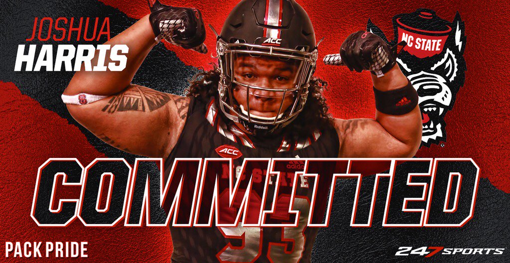 PackPride's tweet photo. BREAKING: Four-star Joshua Harris (@H_Josh93), the No. 1 DT in North Carolina in the 2019 class, has committed to NC State. Harris joins @savionjac11 and @cfrmda4, giving the #Pack19 class the top three DL in the state! #WPN

📝: https://t.co/bXNhgEIVM6 https://t.co/K6QhI84VFD