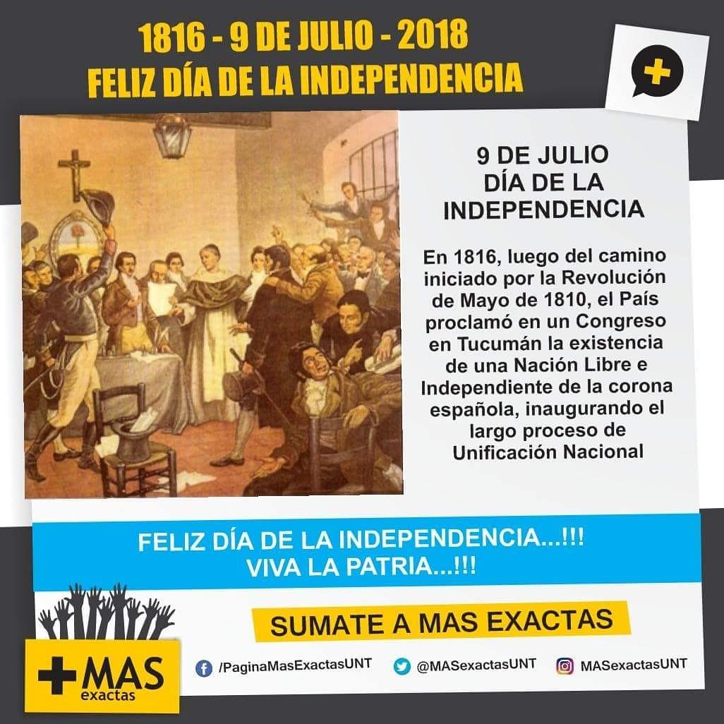 MASexactasUNT's tweet photo. Feliz Día de la Independencia Argentina...!!!
VIVA LA PATRIA...!!!
#Sumate #MasExactas #Facet #UNT https://t.co/U96Zj93LjN