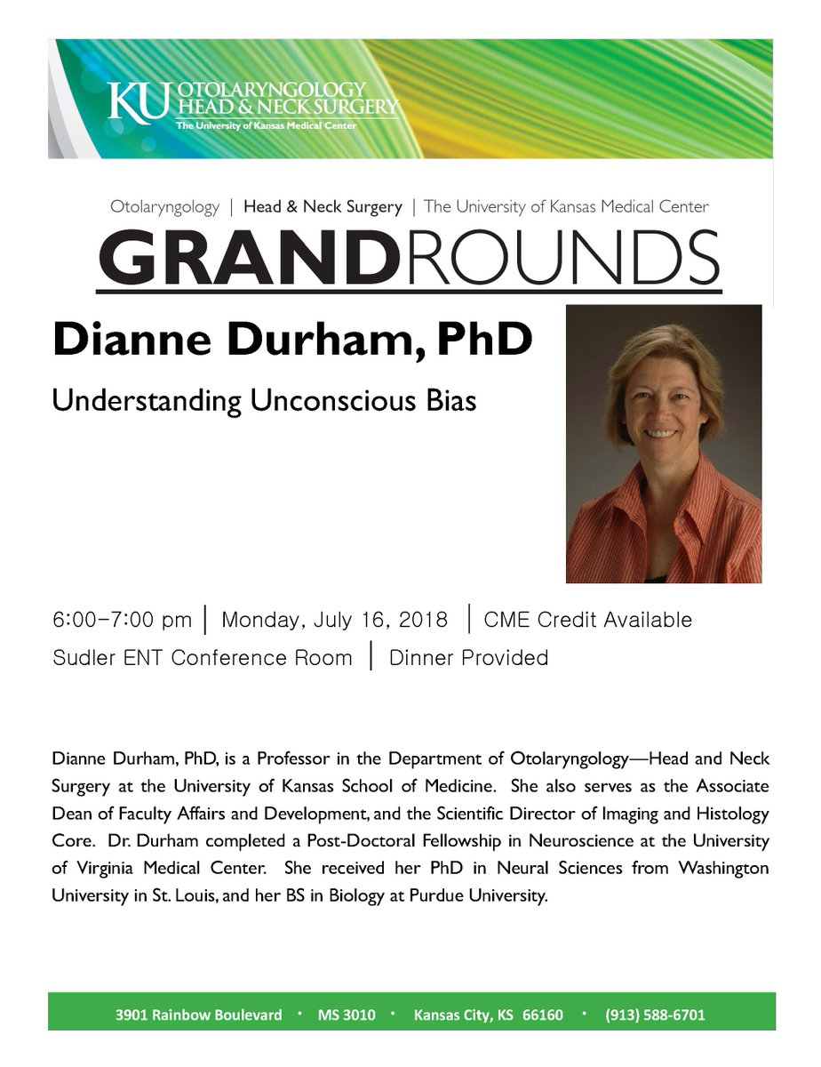 KU_ENT's tweet photo. July Grand Rounds @KU_ENT is a great opportunity to examine how unconscious bias affects our behaviors and interactions. Open invitation to all!
Monday, July 16 at 6pm
Sudler 3027 @KUMedCenter
CME option | Dinner provided
#KUENTCME #KU #ENT #CME #ENTSurgery #MedEd #DiscoverENT https://t.co/KT3FaDKIjb