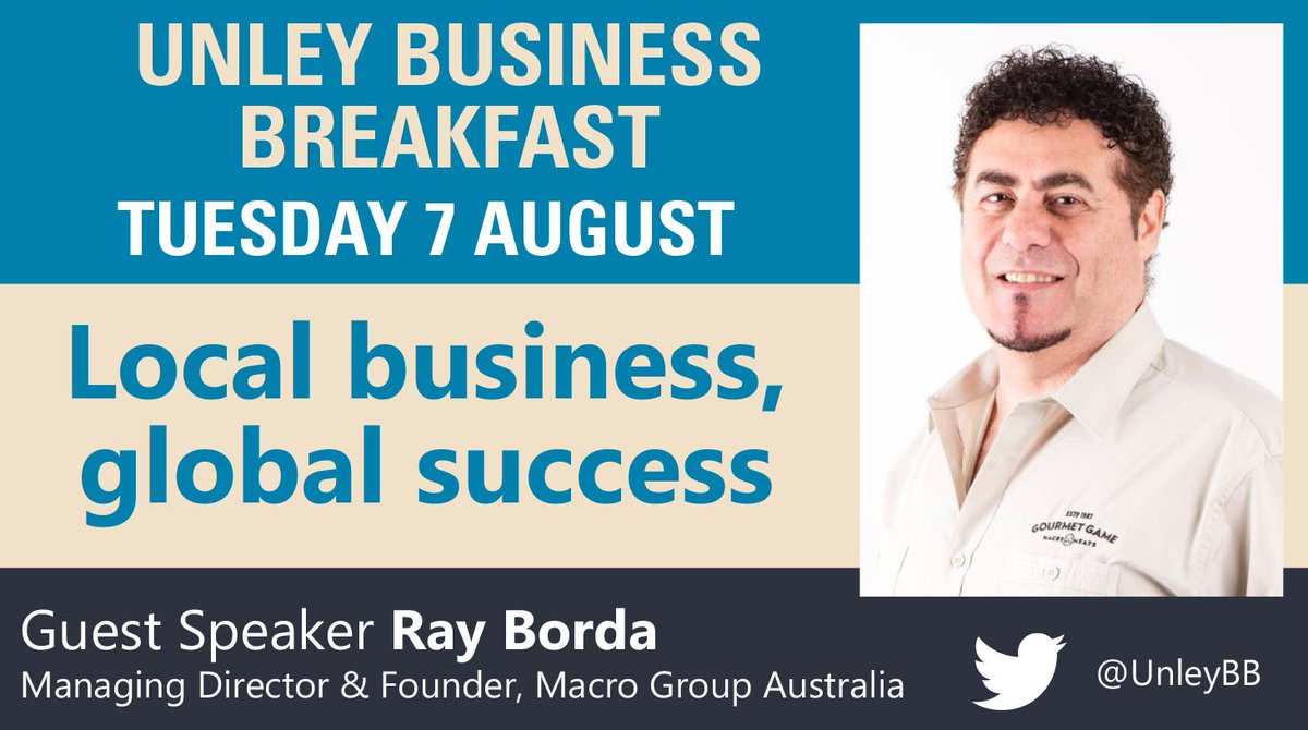 UnleyBB's tweet photo. @UnleyBB Networking Event, Tuesday 7 August. $25 pp incl breakfast. Register online by 3 August - https://t.co/ogbM4dVtvR
@UnleyCouncil @Business_SA @macromeats https://t.co/4fDc1QiiE2