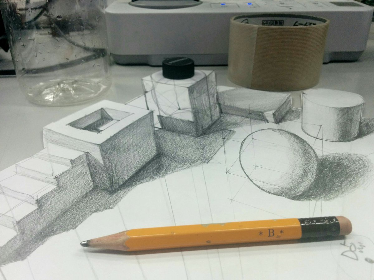 湯浅誠 透視図法研究 No Twitter だまし絵の説明をしながら授業中に描いたやつ 今年はd点を使ってカメラの位置を明確にイメージしながら描く方法を話した 立方体の中に内接させれば球体もちゃんと描ける