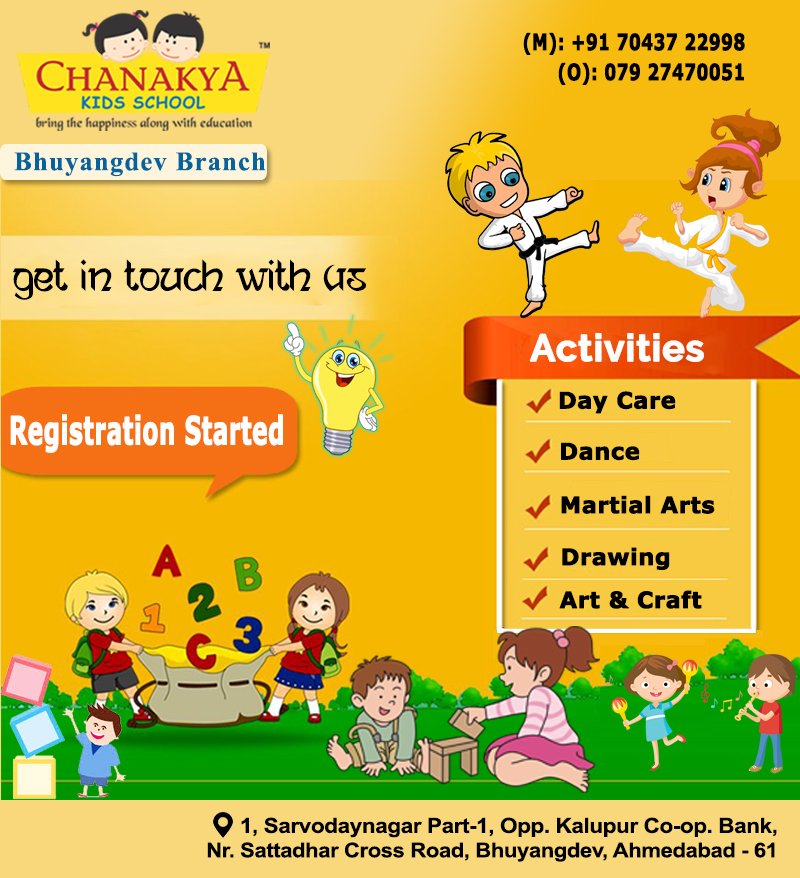 cskidsindia1's tweet photo. Greetings Everyone!
Chanakya Kids School Activity Hub at our #Bhuyangdev #Branch (#Ahmedabad).  Hurry.. #Registration #started. Only #Limited #Seats are #Available.
#Activities:
#DayCare #Dance #MartialArts #Drawing #Art &amp; #Craft
#Contact:
(M): +91 70437 22998
(O): 079 27470051 https://t.co/HDtEaRhgtd