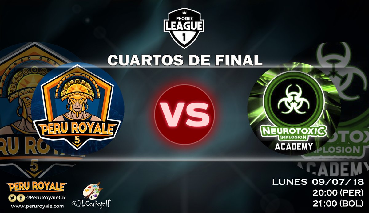 📆  Hoy, Lunes  09/07/18    🕧 20:00🇵🇪  21:00🇧🇴
⚔️ <a href="/PeruRoyale5/">PERU ROYALE 5 🇵🇪</a>  🆚 <a href="/NTIAcademy/">NTI Academy</a> 
🏆 <a href="/PhoenixLeagueCR/">PhoenixLeagueCR</a> 
🗒️ CUARTOS DE FINAL