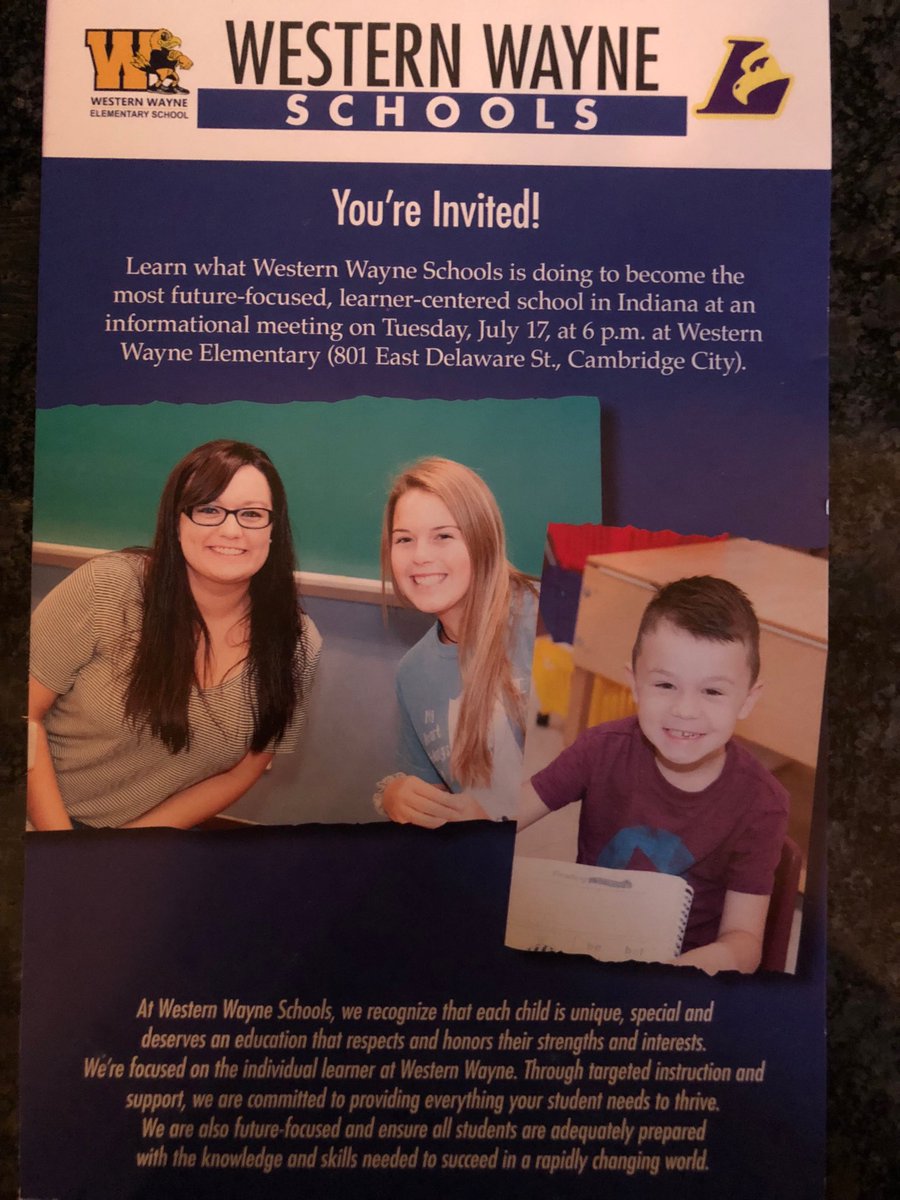 This is a great opportunity to check out Western Wayne schools if you are looking for a place to send your children. Teachers and staff love the kids and know everyone. Come check out our family on Tuesday, July 17 at 6pm at Western Wayne Elem. 801 E. Delaware St. Cambridge City.
