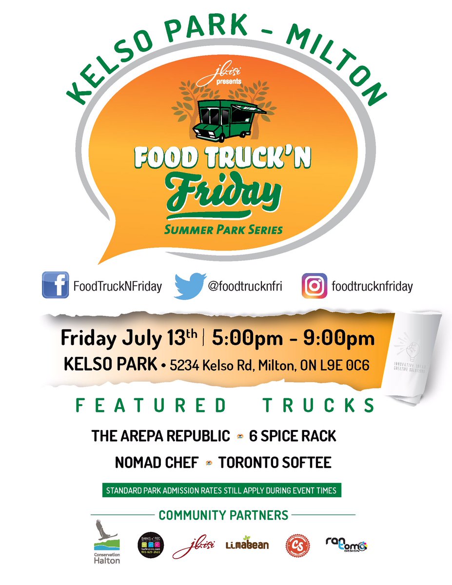 We got a double whammy this Friday July 13 with 2 Food Truck'N Fridays comin' your way! We R back at 1 Resurrection Rd in #Toronto AND back at #KelsoPark in Milton for double the fun! Here R the lineups for each. Standard park rates apply @ Kelso. All are welcome!