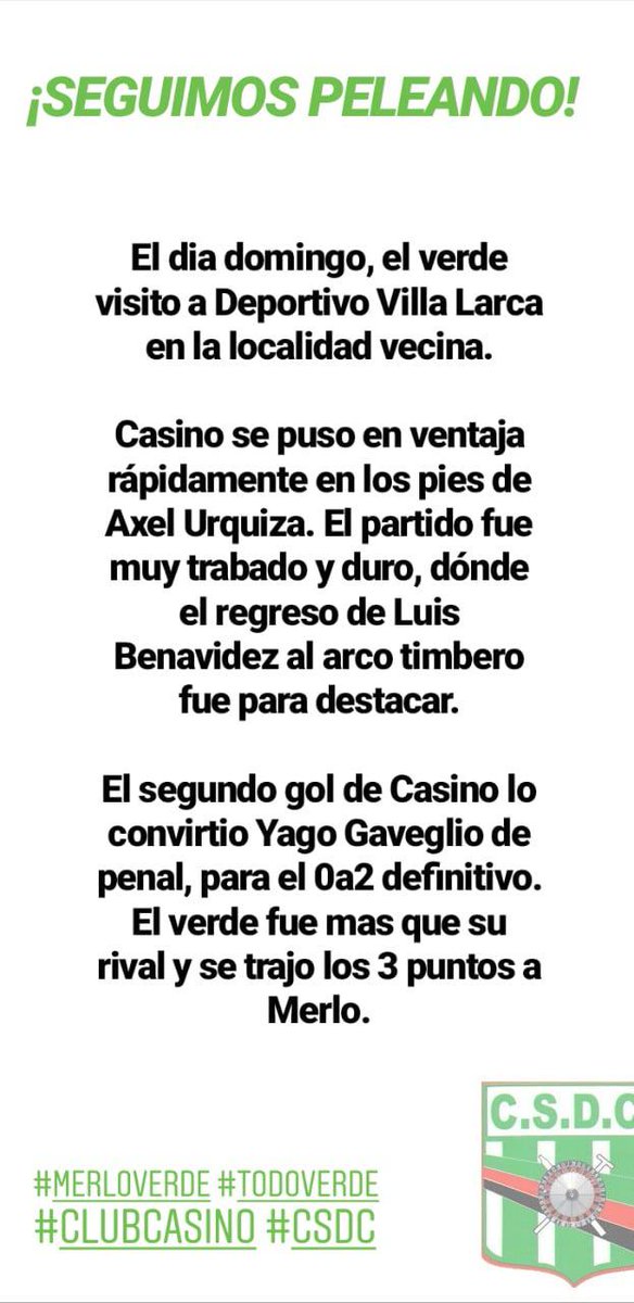ClubCasinoSL's tweet photo. ¡Seguumos peleando!

El dia domingo, el verde visito a Deportivo Villa Larca en la localidad vecina.

*Asi quedaron las rablas de posiciones*

#MerloVerde #TodoVerde 
#ClubCasino #Csdc https://t.co/E2GYJWD0Pw