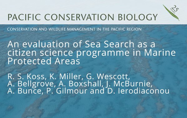 CSIROPublishing's tweet photo. An evaluation of Sea Search as a #CitizenScience programme in Marine Protected Areas - free online until Aug 31 as part of a #PacificConsBio Virtual Issue, Coral Reefs in the Pacific: Values, Threats & Solutions https://t.co/9tnKe2dMgd #YearOfTheReef https://t.co/yfCccl3vxt