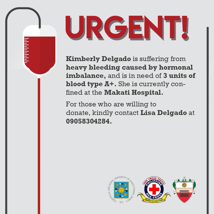 USTRCYC_AMV's tweet photo. URGENT!
Kimberly Delgado is in need of 3 bags of blood type A+
Donate blood. Save lives. Be a hero!
#RCYCares
#OneAMVOneRCYC https://t.co/t2CBHZSNFL