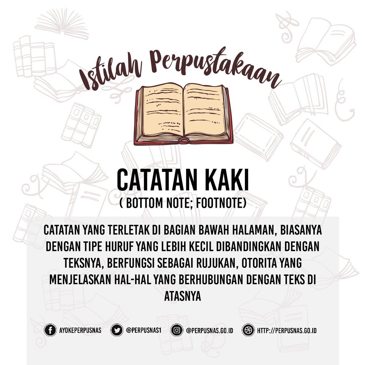 #IstilahPerpustakaan
Catatan kaki adalah Catatan yg terletak di bagian bawah halaman, biasanya dengan tipe  huruf yang lebih kecil dibandingkan dengan teksnya, berfungsi sebagai  rujukan, otorita yg menjelaskan hal-hal yg berhubungan dengan teks  di atasnya.
#PerpustakaanNasional