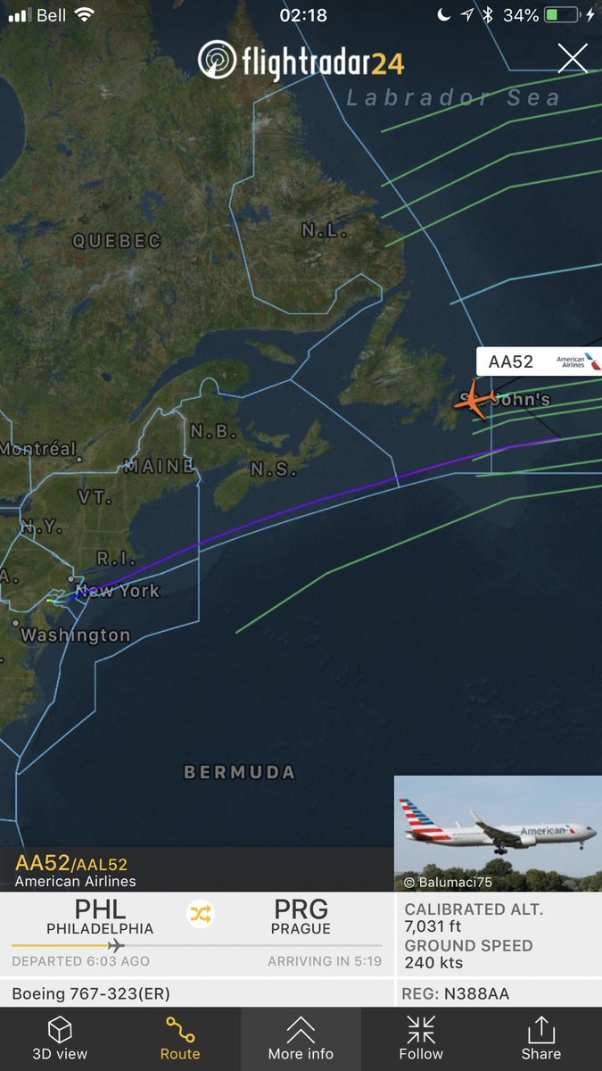 TomPodolec's tweet photo. Update
American Airlines #AA52 from Philadelphia just departed St John’s and continuing its journey, in a new plane, to Prague. 

Diverted early this morning due to cabin pressure issue.

Passenger got hotels and spent the day in St John’s

📷@BeaugardMatt
https://t.co/E9i01AgvZD https://t.co/hsCLUyQvfR
