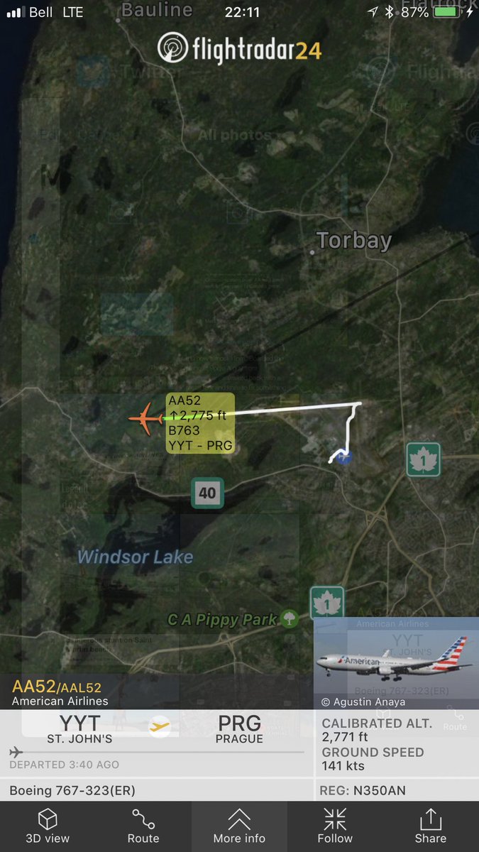TomPodolec's tweet photo. Update
American Airlines #AA52 from Philadelphia just departed St John’s and continuing its journey, in a new plane, to Prague. 

Diverted early this morning due to cabin pressure issue.

Passenger got hotels and spent the day in St John’s

📷@BeaugardMatt
https://t.co/E9i01AgvZD https://t.co/hsCLUyQvfR
