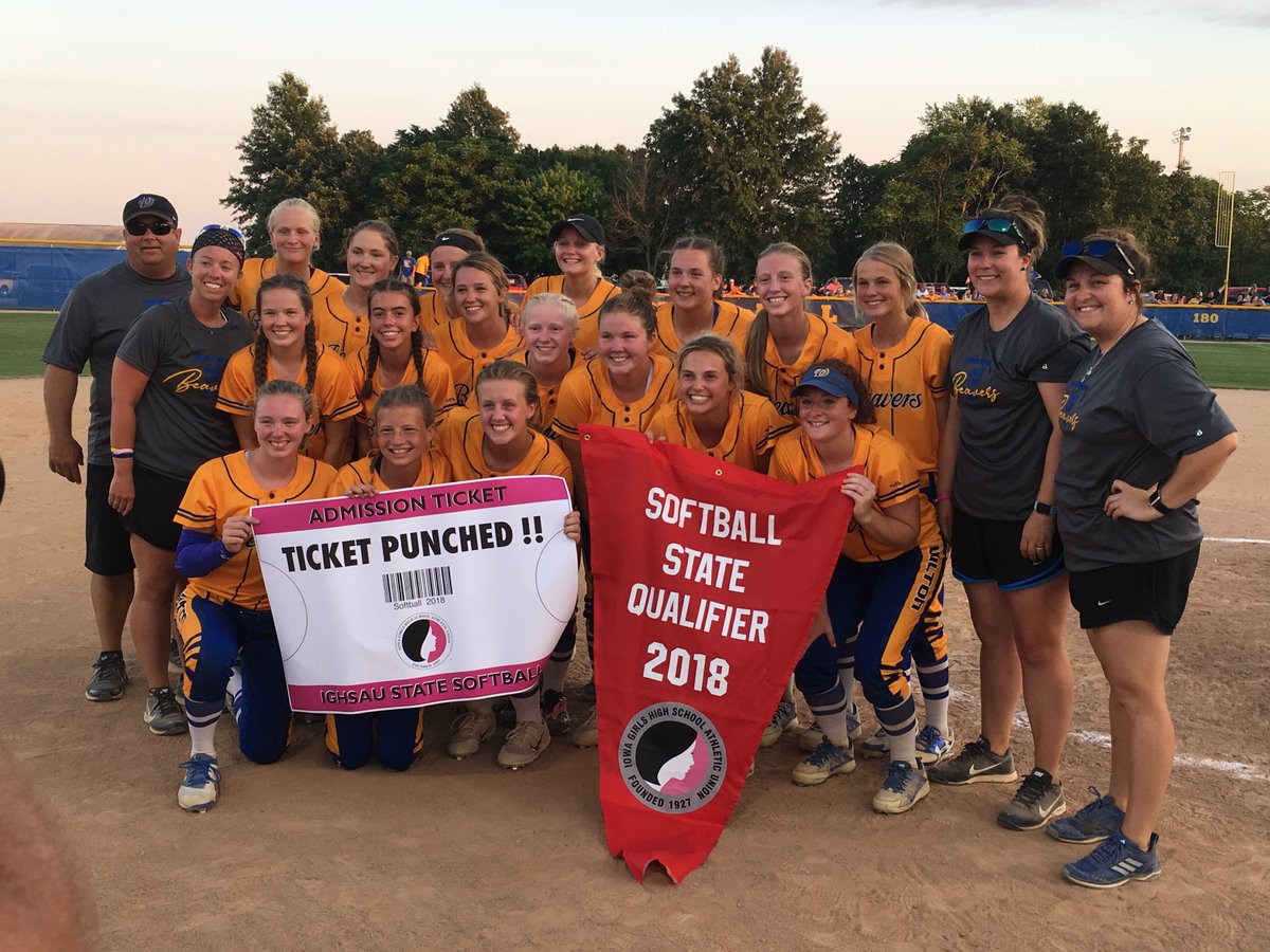 ConSports's tweet photo. Final RVC Softball Score - Class 2A Region 8 Final - Wilton 11, Bellevue  0 - 5 innings.  Beavers advance to the 2018 state tournament, first  trip since 2009.  Also of note in the win, Wilton head coach Kortney  Denkman gets career win No. 100. #iahssb @WiltonSoftball https://t.co/5kOQq88bZF