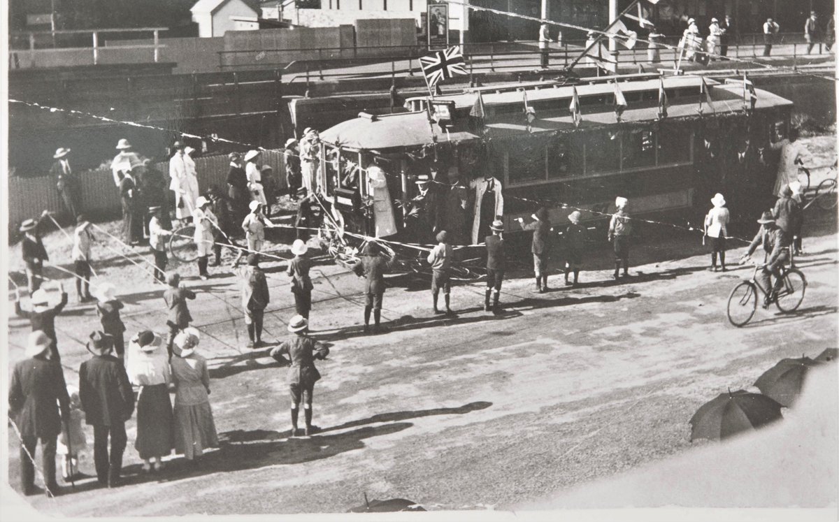 StateRecordsSA's tweet image. Did you know there used to be tramlines all over metropolitan Adelaide?  This photograph is at the opening of a tramline in 1917. Today with #triviaTuesday we are asking if you can guess which tramline it was?