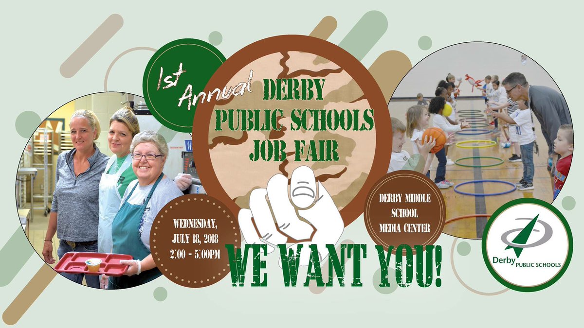 DerbySchoolsKS's tweet photo. Teachers, Special Services Receptionist/Clerk, Paras, Food Service, Bus Drivers, Custodians, Substitutes &amp; more! Multiple openings with part-time, full-time &amp; flexible hours available. 

All openings: 
https://t.co/sCX7iRZkIp

We'd also love to meet you at our upcoming job fair! https://t.co/LmLLNc5YtW
