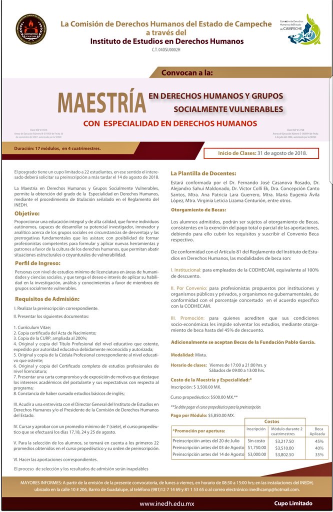 Convocamos a las personas interesadas en conocer los patrones en pro de la cultura en derechos humanos,para aplicar nuevas herramientas y habilidades que permitan abatir situaciones estructurales a favor de los grupos sociales en desventaja. Consulta aquí nuestras becas y costos.