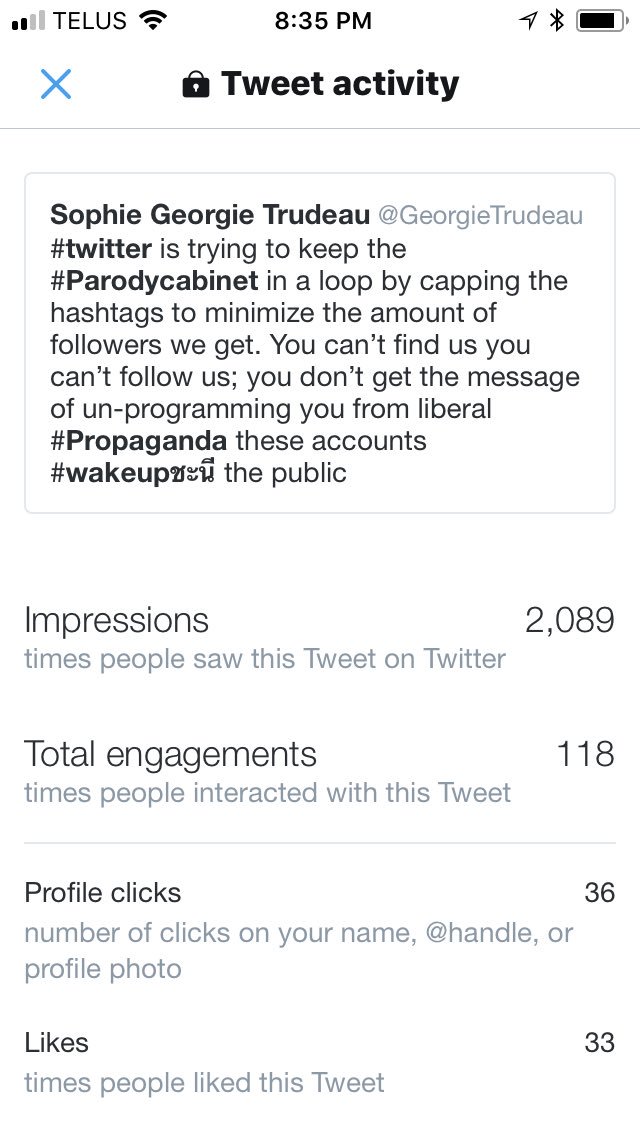 GeorgieTrudeau's tweet photo. @CatheeMcKennnna measuring tweet activity. All most all the #Parodycabinet #ParodyCabinetOfCanada has noticed activity of tweets and followers going way down since Saturday. We are being muted by #twitter we are doing this to make a point about #freedomOfExpression point made https://t.co/VXKW3yooNw