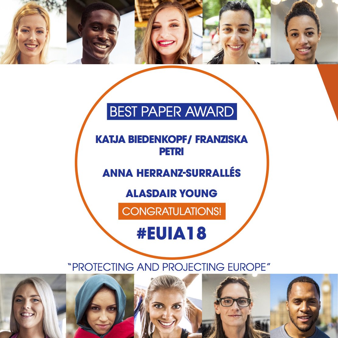 IES_Brussels's tweet photo. Congratulations to the winners of the #EUIA18 Best Paper Award - @KatjaBiedenkopf  , @franziska_petri  , Anna Herranz-Surrallés, and Alasdair Young whose work will be fast-tracked for publication in @Journal_EI . @UNUCRIS   @EgmontInstitute   @IEE_Bruxelles https://t.co/PLNCq2dbin
