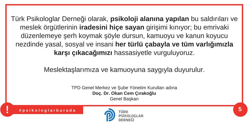 TPDBilgi's tweet photo. Alanımıza yapılan bu saldırıyı ve meslek örgütlerinin iradesini hiçe sayan girişimi kınıyor; bu emrivaki düzenlemeye şerh koymak şöyle dursun, kamuoyu ve kanun koyucu nezdinde her türlü çabayla ve tüm varlığımızla karşı çıkacağımızı hassasiyetle vurguluyoruz. #psikologlarburada https://t.co/6qT1roywHk