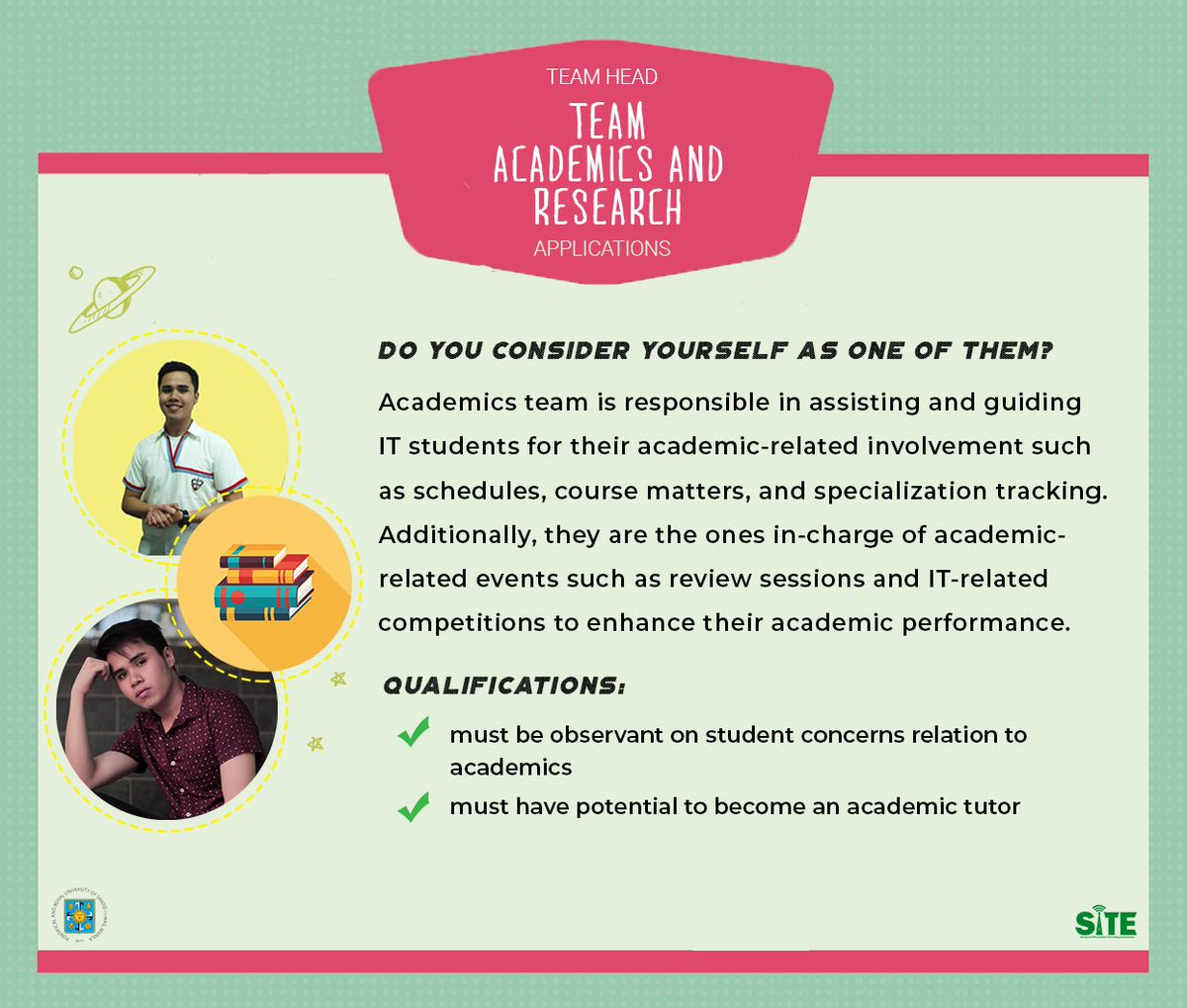 USTSITE's tweet photo. Take the big LEAP and apply to be the next ACADEMICS AND RESEARCH TEAM HEAD.
Fill out the form below to apply:
https://t.co/FhktJU5by1
DEADLINE OF APPLICATIONS: July 14 (Saturday)
We are excited to hear from you. Best of luck!
#TeamACADS https://t.co/r9YTSWQYQf
