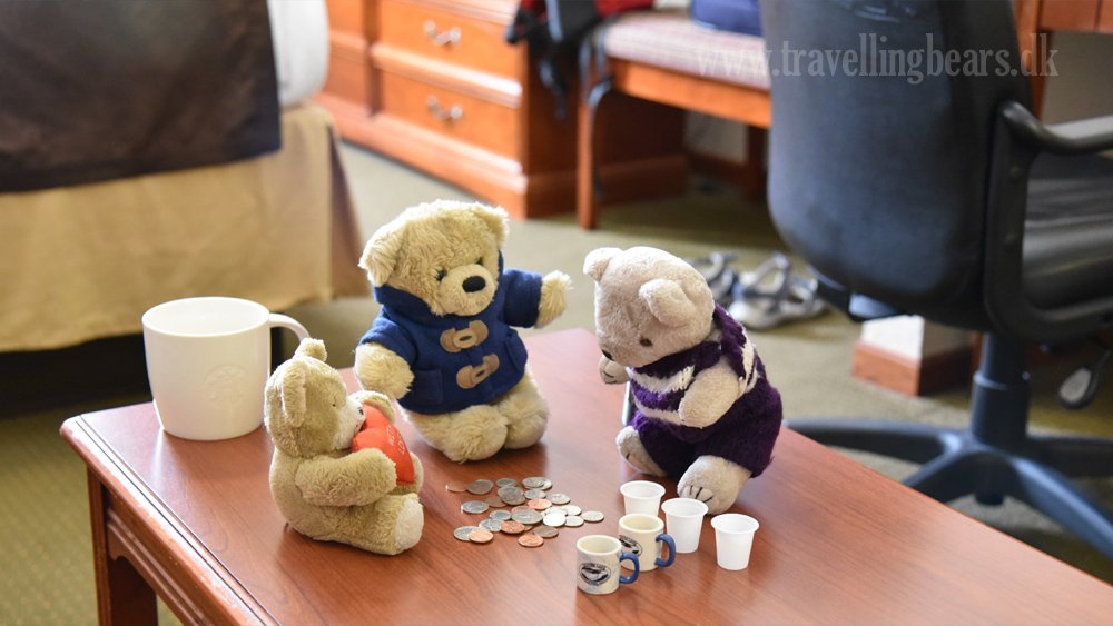 Counting the coins we find on the street to buy some coffee. Some times it's good when people litter ... especially their money #Travelling #Bears travellingbears.dk/bears/usa8-chi…