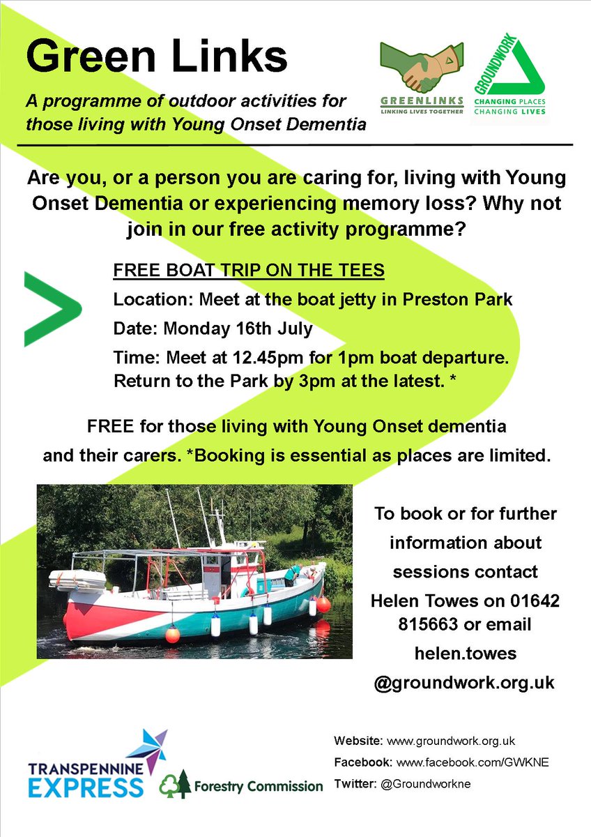 FREE boat trip on the river tees on Monday 16th July, for those living with Young onset dementia and their carers. Please book asap to secure your place!! Call Helen Towes on 01642 815663