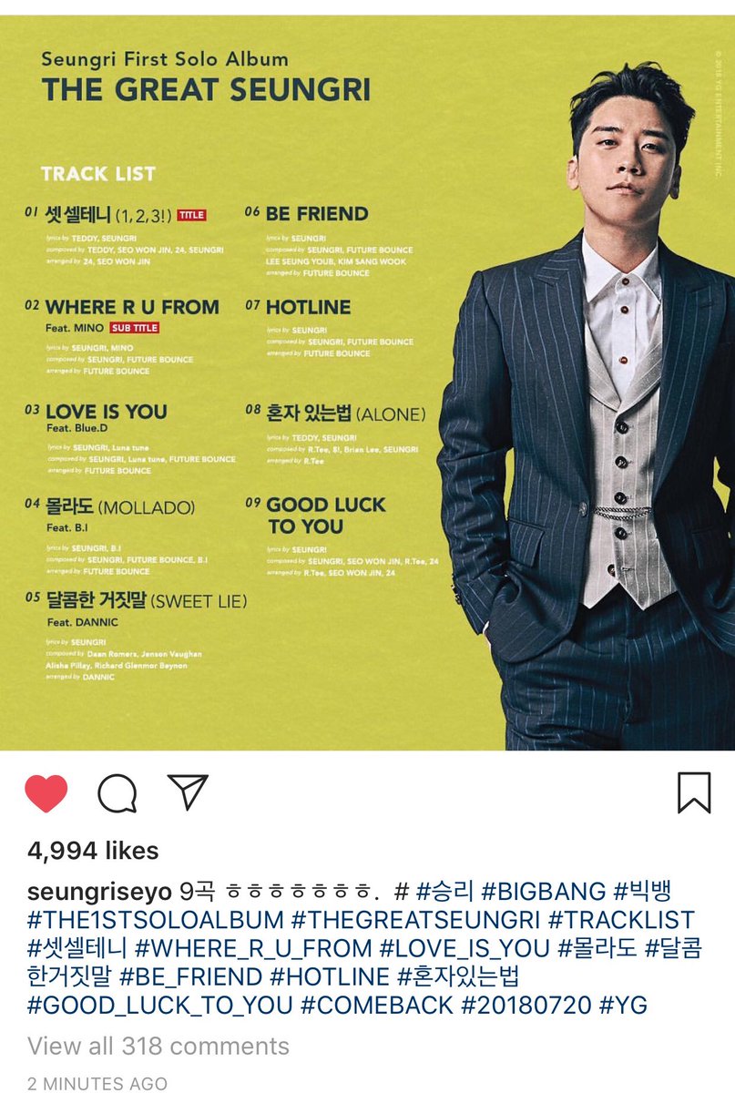 jirilife's tweet photo. 180710 Seungri IG: 9songs Hahahahaha #SEUNGRI #BIGBANG #THE1STSOLOALBUM #THEGREATSEUNGRI #TRACKLIST #Iwillcounttothree #WHERE_R_U_FROM #LOVE_IS_YOU #IDONTKNOW #SWEETLIE #BE_FRIEND #HOTLINE #ALONE #GOOD_LUCK_TO_YOU #COMEBACK #20180720 #YG
*๐๐YAY His 1st album songs๐๐ https://t.co/DoQ4OKUr0z