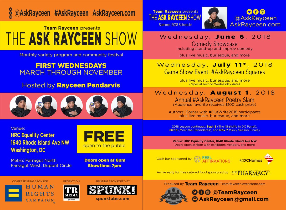 ComfortZoneMD's tweet photo. Join @RayceenHRH @TeamRayceen @TRFYI @NiaTheSongbird #UmaHurtman @DJMIMDC at The @AskRayceen Show (Jul 11) at 6 pm! (https://t.co/wkPQ6t5UOw) #HRCequalityCenter @SpunkLube @ReelAffirmation @AHFpharmacy @DCHomosIntern @WhitmanWalker... Thank you! (https://t.co/7amZdgVHSh) #ZONEMD https://t.co/TlJ6w5boSP