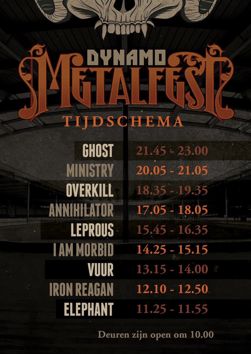 EhvRockCity's tweet photo. Timetable time! This saturday @annihilatorband @WeAreMinistry @vuur_band @leprousband @thebandGHOST @OverkillBand and more in Eindhoven @DynamoMetalFest #dmf18 https://t.co/ZAHQhZlxxG