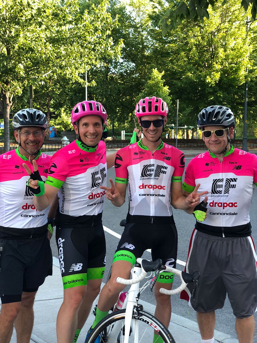 EF's tweet photo. Our Boston staff donned their @Ride_Argyle kits and bike gear and joined rider @alex_howes for a 5-mile loop along the Charles River to help kick off the #TDF2018. Thanks for joining us Alex, we can't beat working out with a pro! #OnlyAtEF #PinkArgyle https://t.co/uD4LHbkkIu