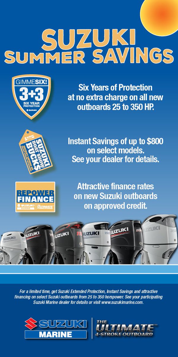 LMMarineLLC's tweet photo. @SuzukiOutboards  Summer Savings is going on now through July 31st. Come on in and pick out a new Suzuki 4 Stroke outboard and get 6 years warranty on us!!!! Plus savings of up to $800. https://t.co/URMZoTwamn