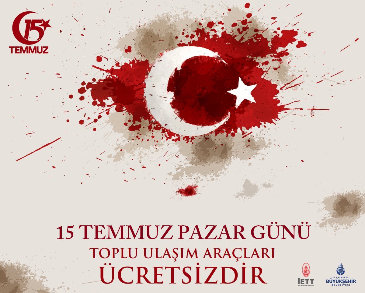 İstanbul Büyükşehir Belediyesi Meclisi tarafından alınan karar doğrultusunda 15 Temmuz'da toplu ulaşım araçları ücretsiz hizmet verecektir.

#15TemmuzDestanı

#ibb
