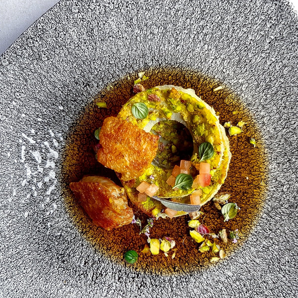 Pistachio crusted artichoke with roast chicken and tomato consomme
.
For more #foodporn follow <a href="/BrokeDinner/">Kareem Roberts</a> on #instagram #foodie #chefstalk #chefsroll #finedining
