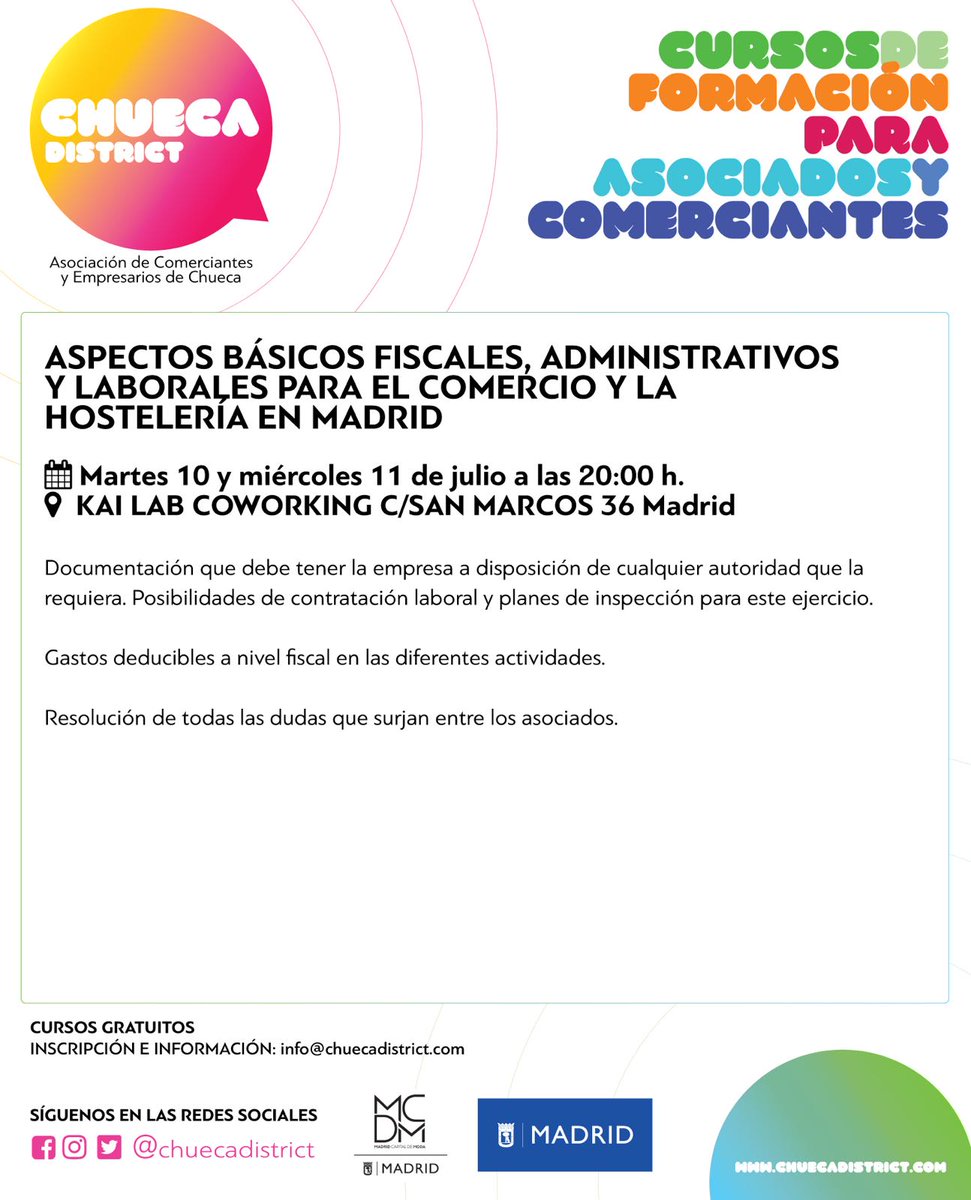 Nuevo curso hoy y mañana sobre aspectos básicos fiscales, administrativos y laborales necesarios para tu empresa. El curso es gratuito y se imparte a las 20:00 en en espacio <a href="/KailabCoworking/">KAI•LAB</a> en San Marcos 36 el 10 y 11 de julio. No te lo pierdas!