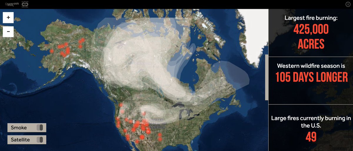 ClimateCentral's tweet photo. There are 49 large wildfires burning in the U.S. right now. See them all on this @wxshift map https://t.co/akglldfpbd https://t.co/vqCRsHPcT7