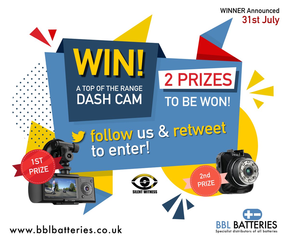 bblbatteries's tweet photo. **This month's #Competition** WIN a top of the range Dash Cam! Simply Follow us &amp; RT this post for the chance to #win. *2 PRIZES TO BE WON!*

#BBLBatteries #TuesdayTreats #Competitions #WINWIN #WINIT #entertowin #Prizes #Winitwednesday #winwednesday  #giveaway #dashcam #Carparts https://t.co/VBsMQtQHxG
