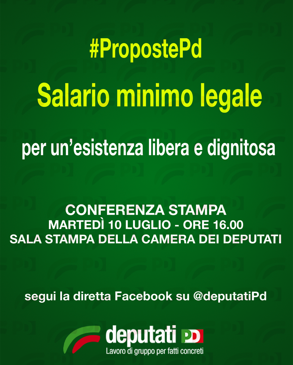 Deputatipd's tweet photo. Conferenza stampa oggi, martedì 10 luglio, alle ore 16.00.
Sala stampa di @Montecitorio
Con @maumartina @graziano_delrio @chiaragribaudo 
#PropostePd #SalarioMinimo https://t.co/wpeY9QpYV3