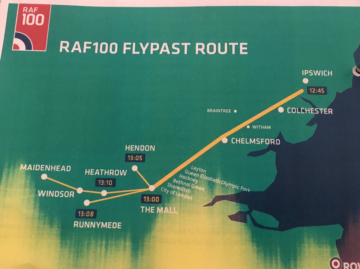 #RAF100 RAF Flypast Route today 10th July People in East Anglia will have a chance to see the spectacular flypast to celebrate the 100th birthday of the RAF before it passes over London.
Up to 100 RAF aircraft will perform the flypast over Central London 
....don't miss it