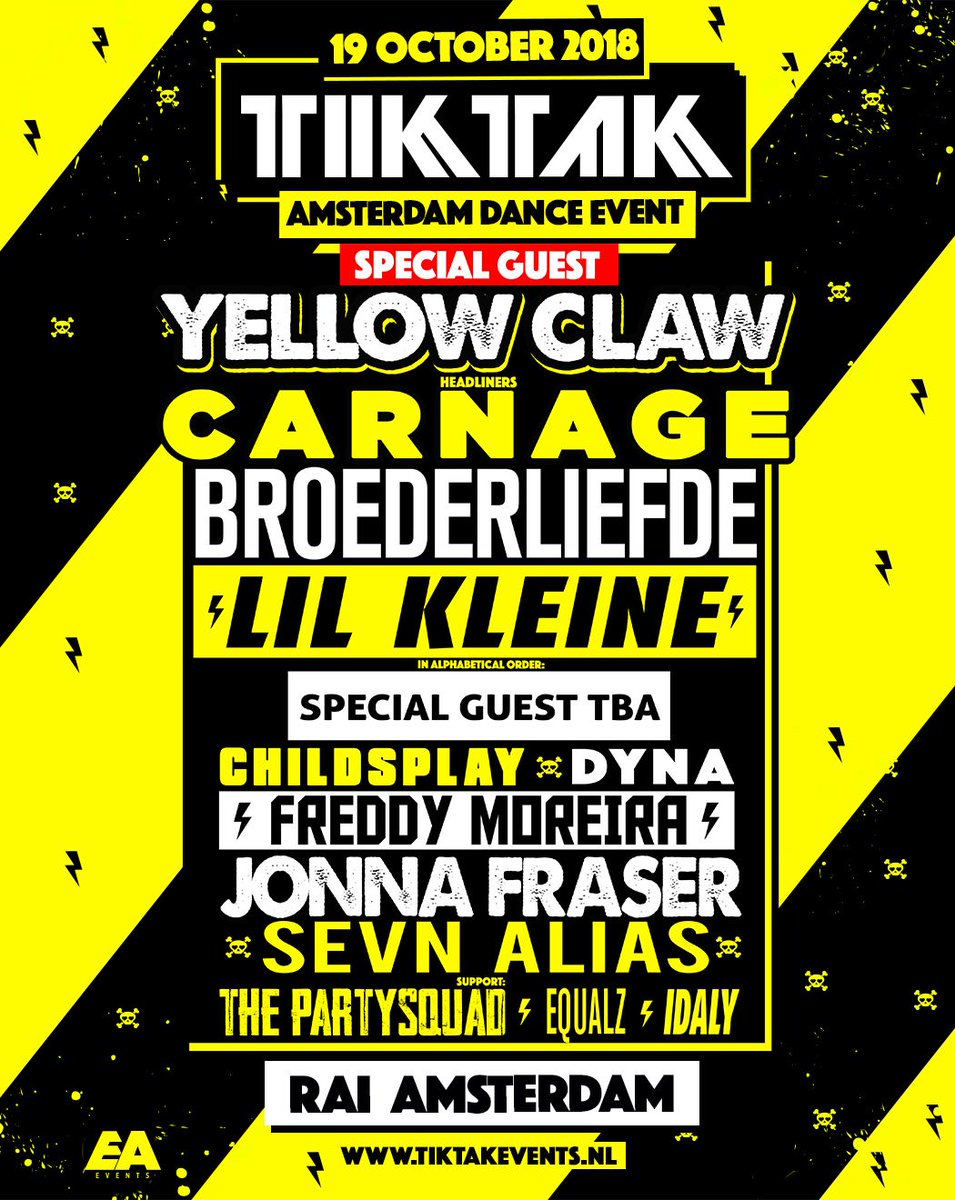 YES! #TIKTAK komt op vrijdag 19 oktober met een <a href="/ADE_NL/">AmsterdamDanceEvent</a> take-over in de RAI! Wat een CRAZY line-up: <a href="/YELLOWCLAW/">YELLOW CLAW</a> , @djcarnage, <a href="/Broederliefde/">Broederliefde</a>, <a href="/LilKleine/">Lil' Kleine</a> &amp; many more! ⚡☠️

Pre-registreer nu voor Early Bird Tickets: tiktakade.com