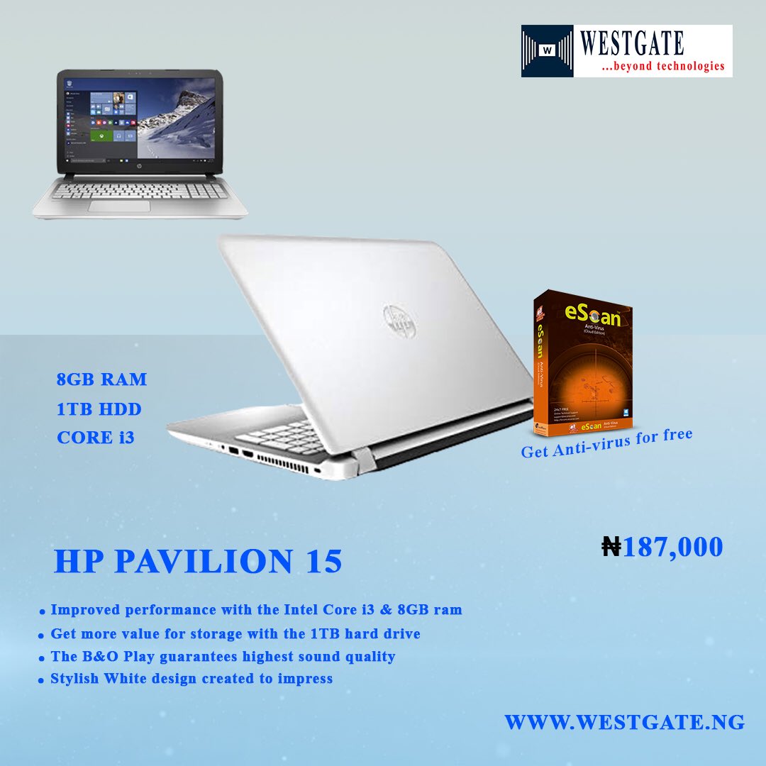 westgateng_'s tweet image. Good morning fam, we have a special sale for the day💃🏽💃🏽 ....get HP Pavilion 15 8GB RAM, 1TB HDD Core i3 and  get yourself a free Escan Anti-virus at any of our stores in Lagos, Abuja, Enugu and port harcourt or kindly visit our website #westgatetech