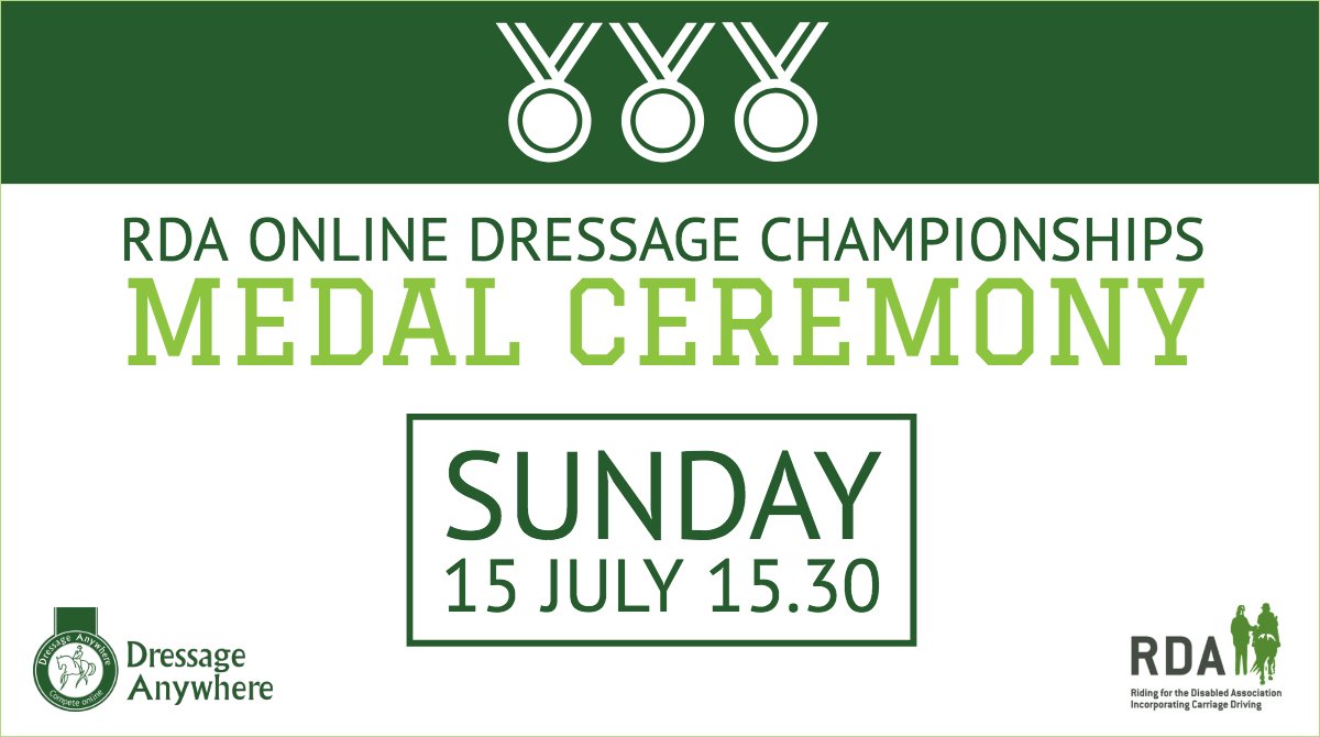 The <a href="/RDAnational/">Riding for the Disabled Association (RDA)</a> Online Dressage Championships medal ceremony will take place during the prize giving on Sunday 15 July at 15.30. We can't wait to meet all of you! We'll be there Friday, Saturday and Sunday in the main tent so pop along and say hi!