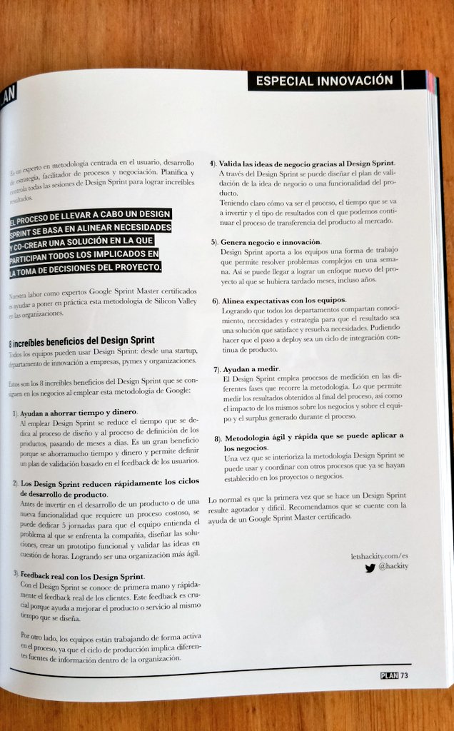 hackity's tweet photo. #DesignSprint es una metodología innovadora de @Google Ventures que usan startups y corporaciones para resolver retos de negocio. ¿Cómo pueden las empresas aplicarla? Damos las claves en el especial de innovación de la revista Plan 🙌 #innovacion #DesignThinking https://t.co/2anCDhWZHd