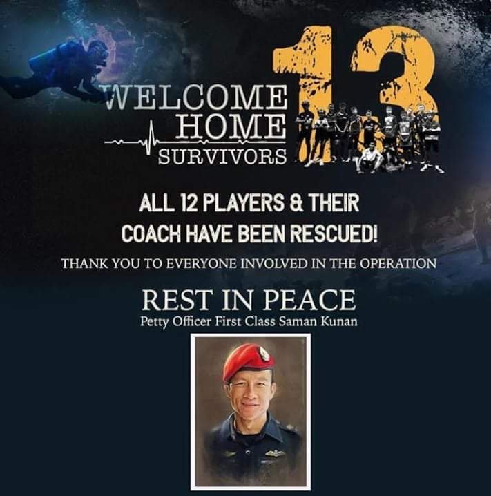 RichardBarrow's tweet photo. All 13 members of the Wild Boars football team have been successfully rescued. You can now Rest In Peace Saman Kunan. Job well done. #ThamLuang #พาทีมหมูป่ากลับบ้าน #ถ้ำหลวง #Thailand #ThaiCaveResue https://t.co/GuTjmkriLd